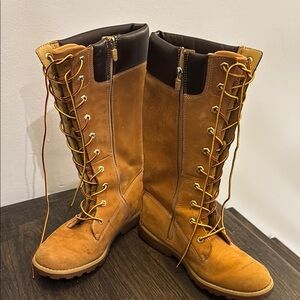 Timberland tall buckskin boots, wheat color, dark brown top, side zip, size 6